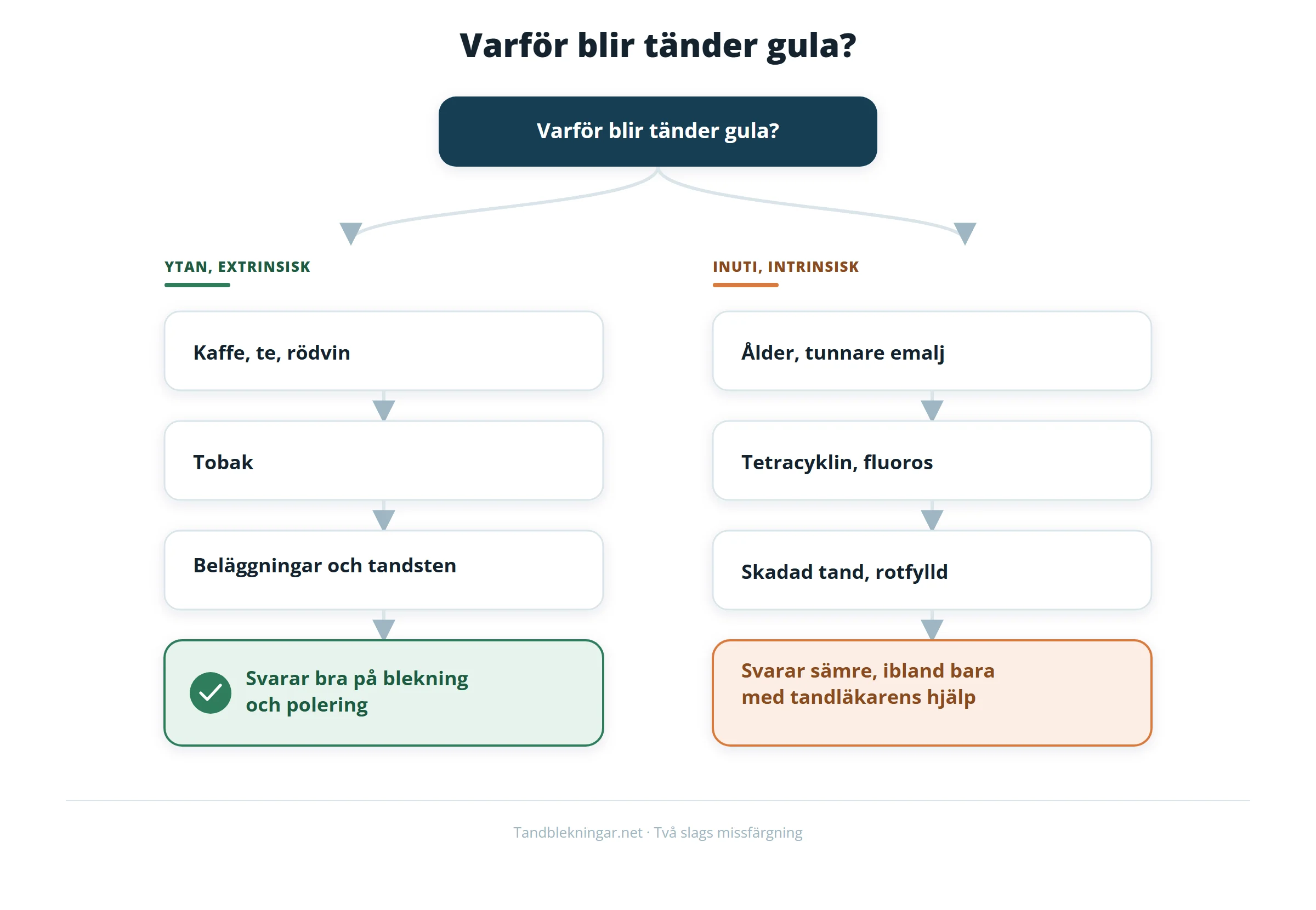Schema som delar upp missfärgning av tänder i ytlig missfärgning som svarar bra på blekning och inre missfärgning som svarar sämre och ibland kräver tandläkarhjälp.