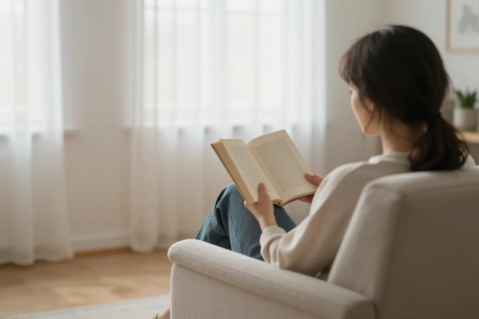 En person läser en bok i en ljus fåtölj i ett vardagsrum, sedd bakifrån.