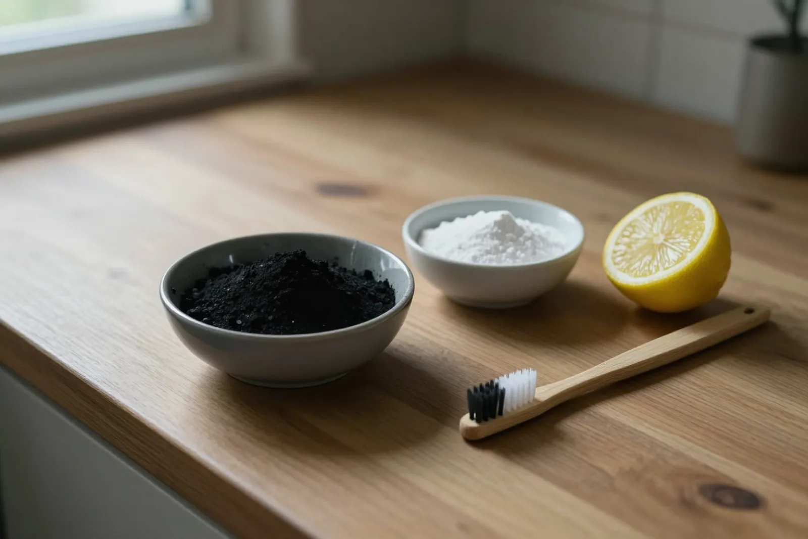 Aktivt kol, bikarbonat, citron och en tandborste på ett köksbord.