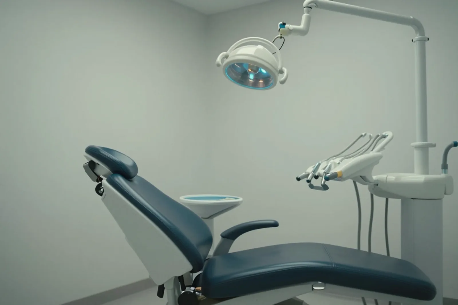 En tom tandläkarstol i ett ljust och lugnt klinikrum med en blåaktig lampa.