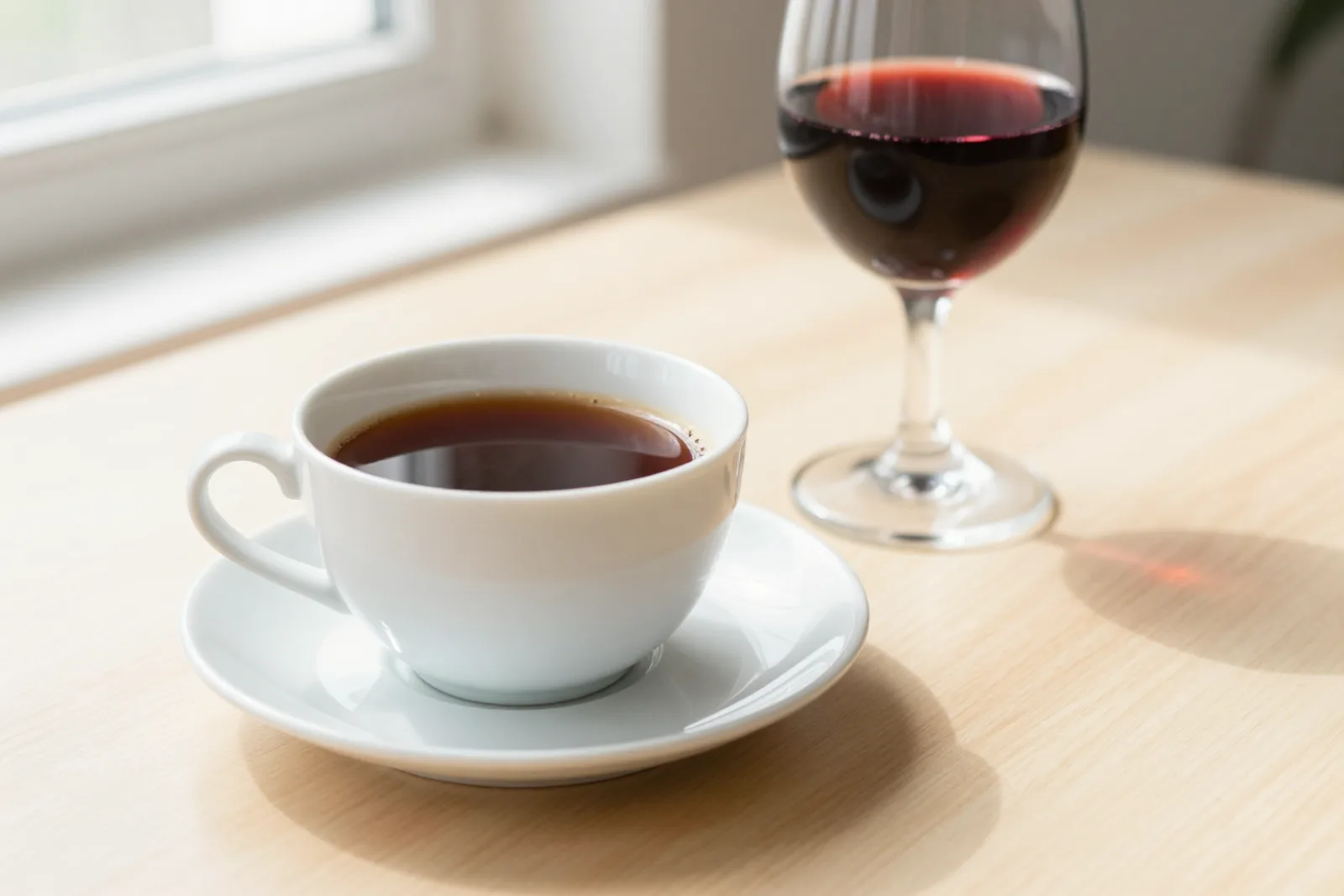 En kaffekopp och ett glas rödvin på ett ljust bord i morgonljus.